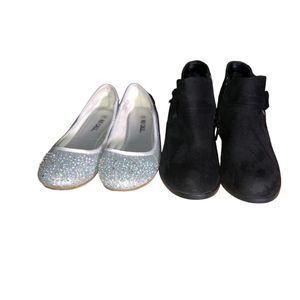 Girls shoe, boot lot, two pairs, black booties, silver sparkle ballet style flat